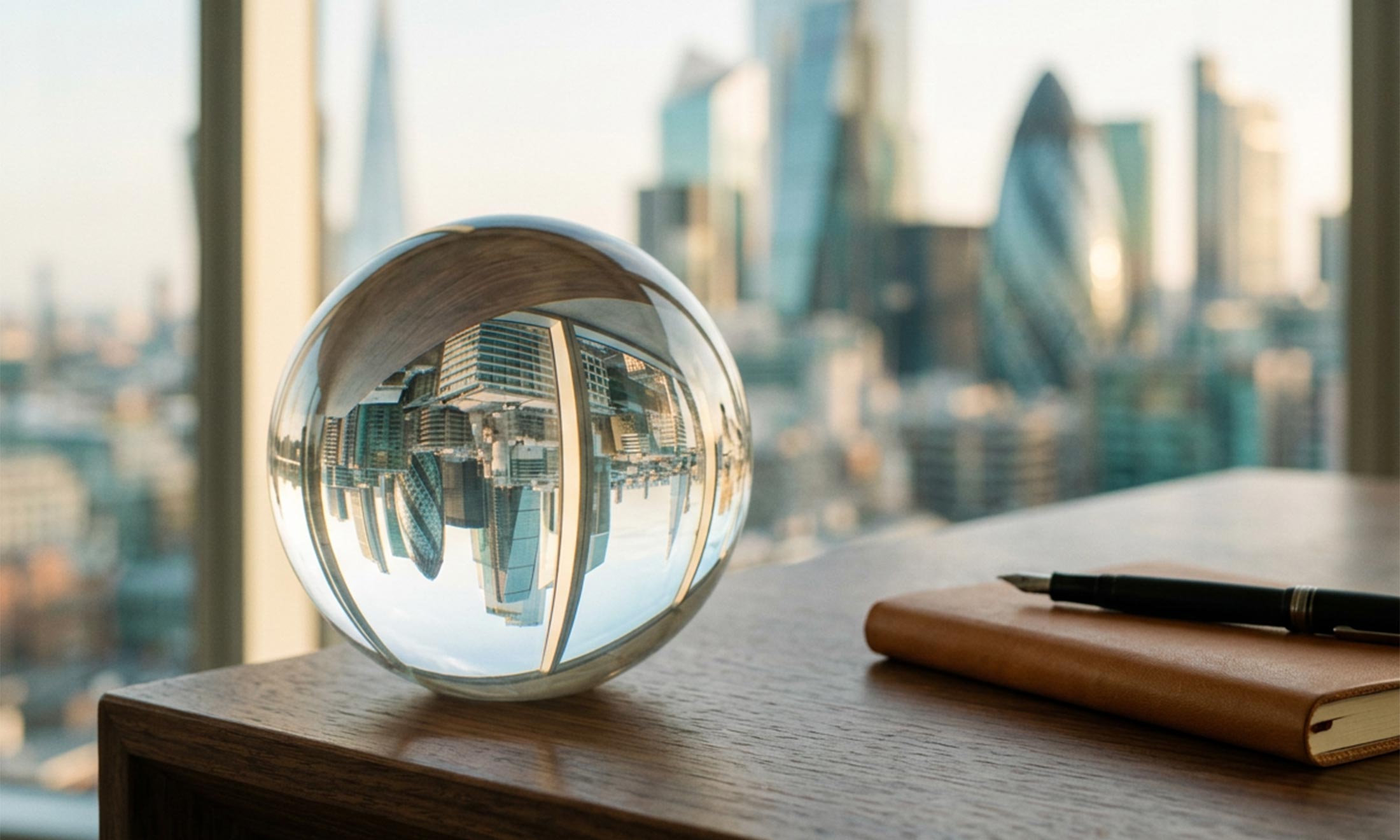 Glass sphere on a desk reflecting the London financial district skyline, symbolising market scrutiny of the AI investment bubble.