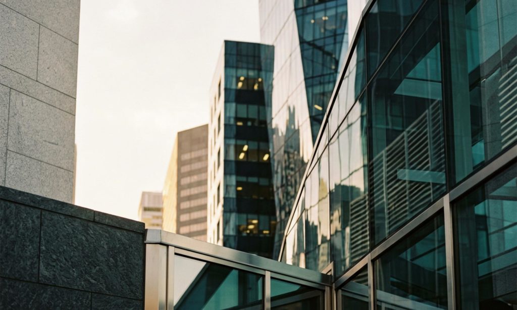 Reflections across modern financial district architecture, suggesting strategy, investment and corporate decision-making.